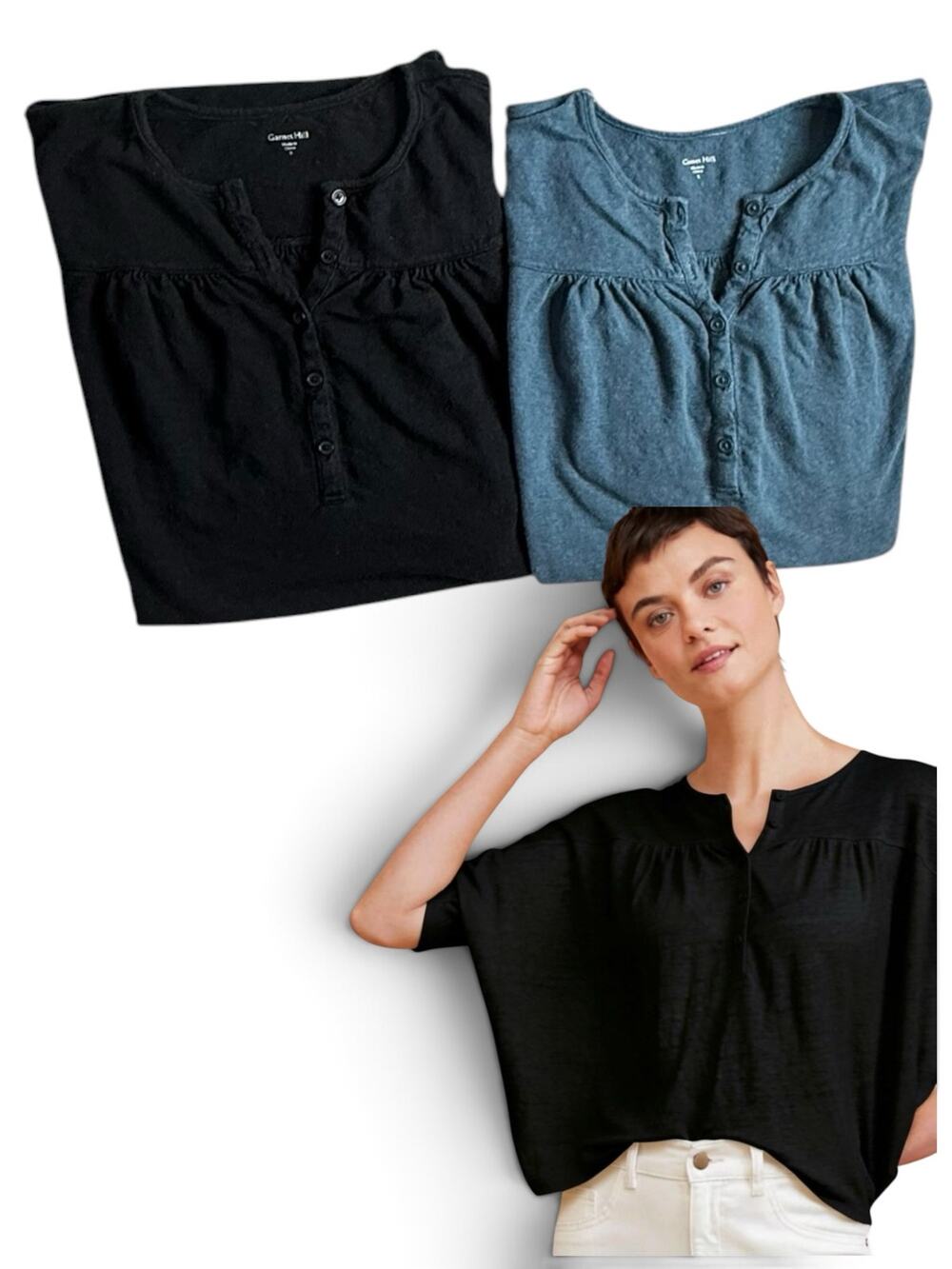 Bundle of 2 Garnet Hill  classic Henley Linen Tops Teal and Black size Small